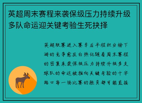 英超周末赛程来袭保级压力持续升级多队命运迎关键考验生死抉择